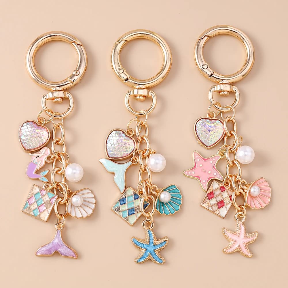 Summer Beach Mermaid Shell Starfish Keychain Women Girls Pearl Love Heart Key Ring Pendants for Handbag Decor DIY Jewelry Gifts