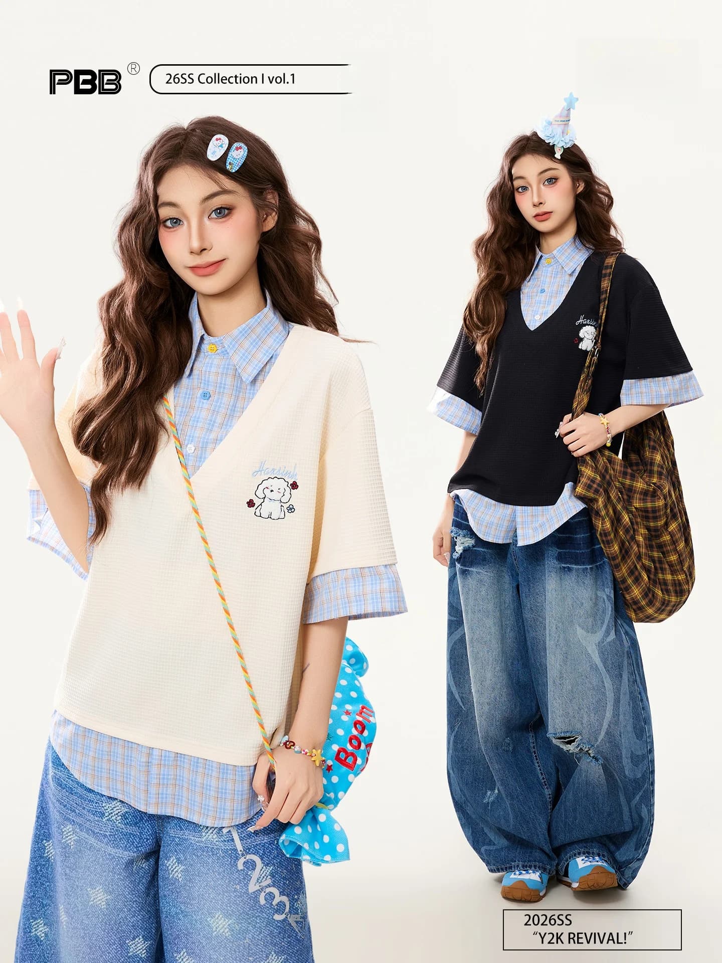PBB Japanese Sle Anti-Aging Plaid Splice Shirt T-shirt da donna a maniche corte con colletto ribaltabile estivo in cotone casual