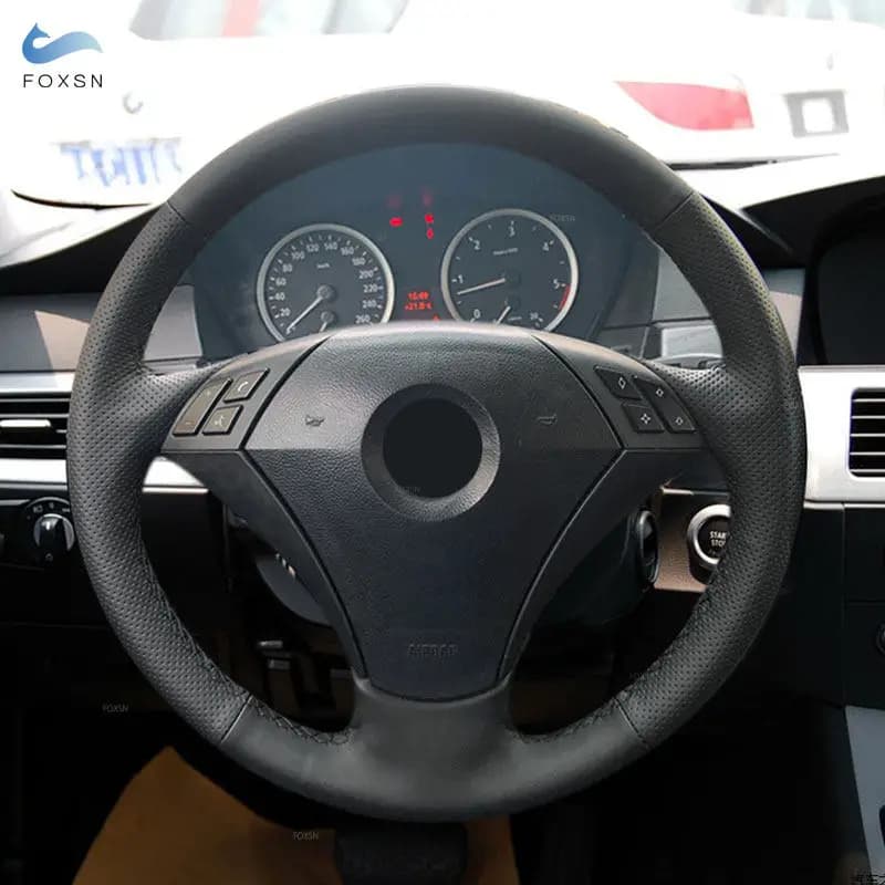 Car Steering Wheel Skin Cover Trim For BMW 5 Series E60 E61 2004 2005 - 2009 Black - red blue line Perforated Microfiber Leather