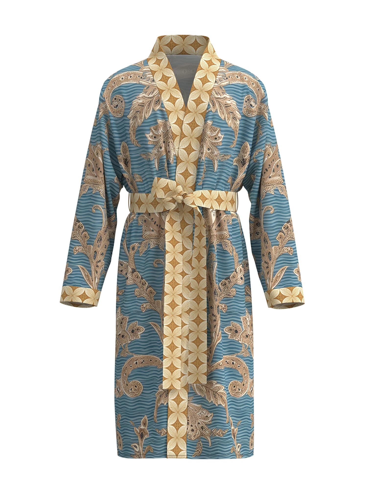 Men's blue and gold paisley print kimono bathrobe, retro floral pattern long-sleeved loungewear, casual nightgown