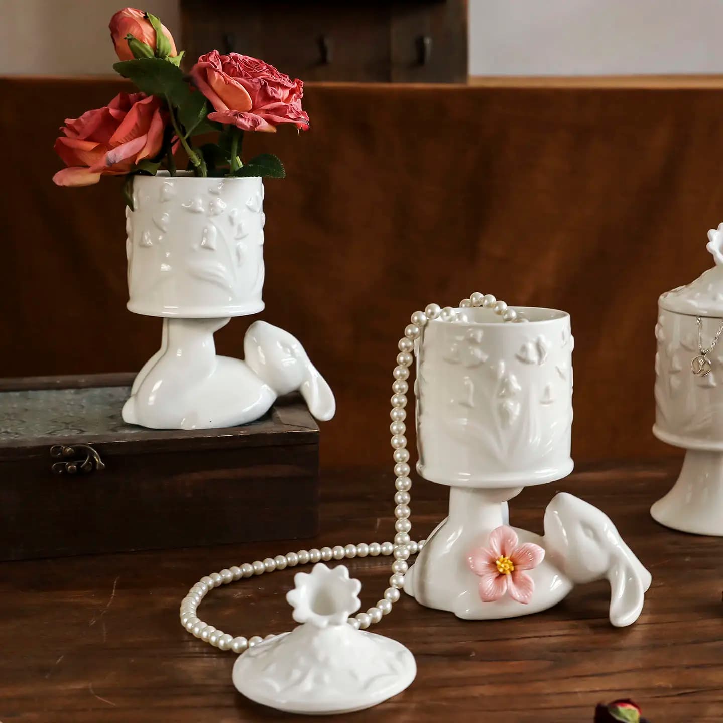 Vaso Alto in Ceramica a Forma di Coniglio, Scatola Portaoggetti per Gioielli, Barattolo per Frutta Secca e Caramelle, Ornamento Decorativo