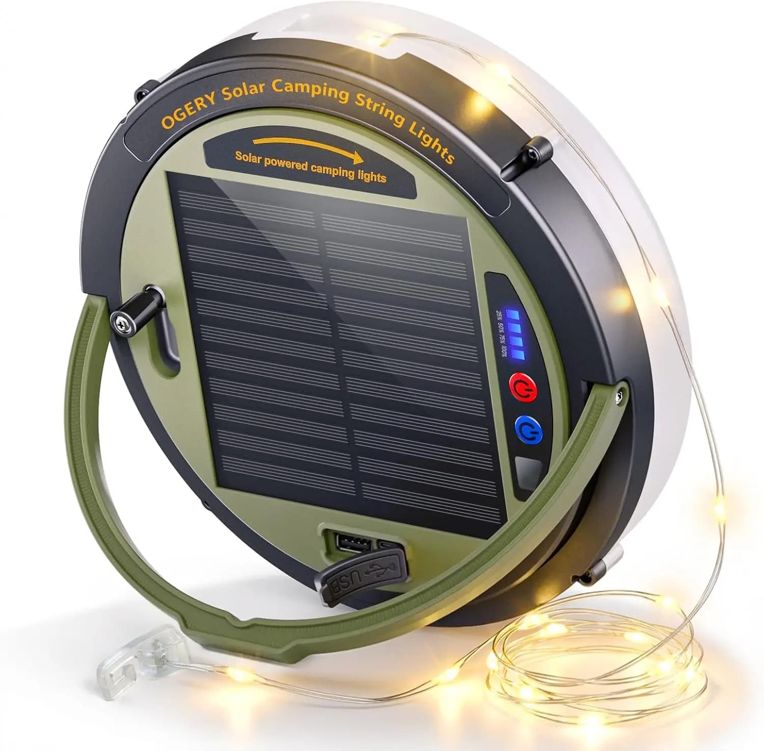 Luci Solari a Stringa per Campeggio, 5400mAh/15m/11 Modalità Ricaricabili per Esterni e Interni, Lampada LED Portatile per Decorazioni Patio Giardino Feste