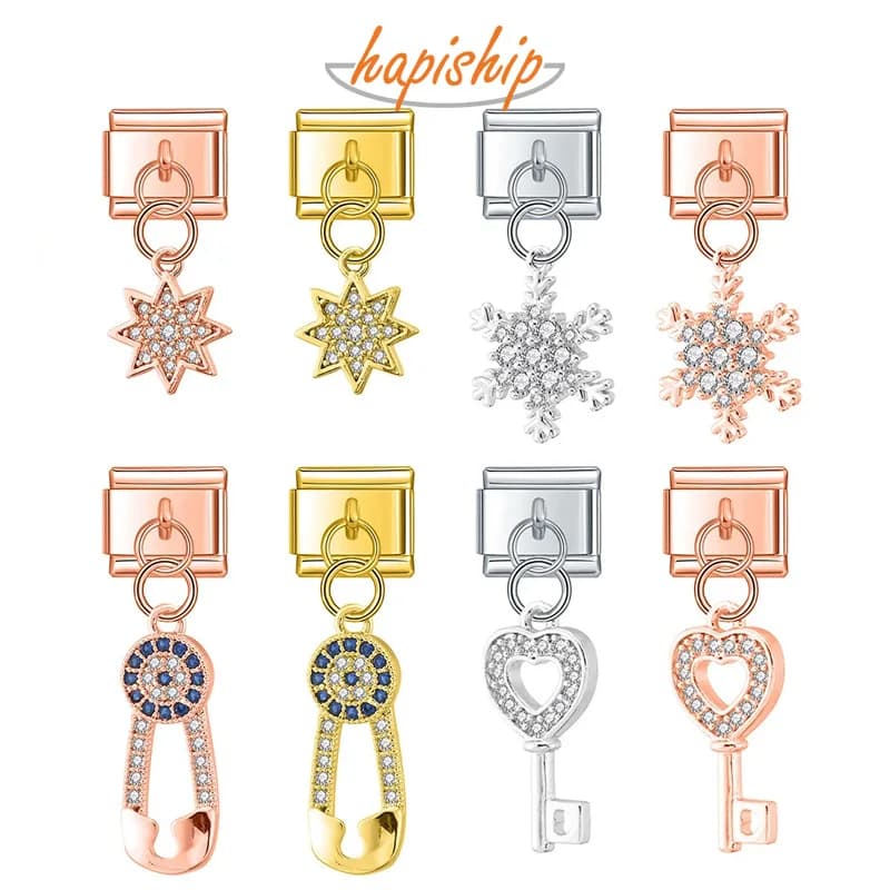 Hapiship Moda Chiave Graffetta Stella Fiocco di neve Lucido CZ Charm Link Fit 9mm Bracciale in acciaio inossidabile Fai da te Creazione di gioielli DJ441