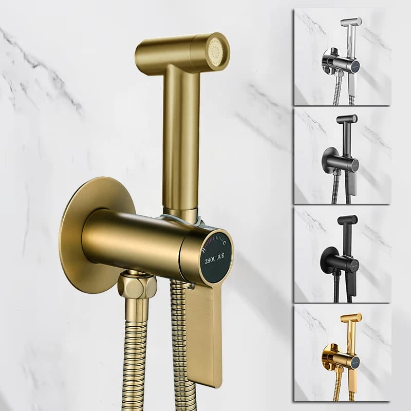 Spazzola Oro Spruzzatore per bidet Doccia Kit WC Ottone dorato Set di rubinetti per bidet Pistola Grigia Set di valvole calde e fredde Accessori per il bagno a getto
