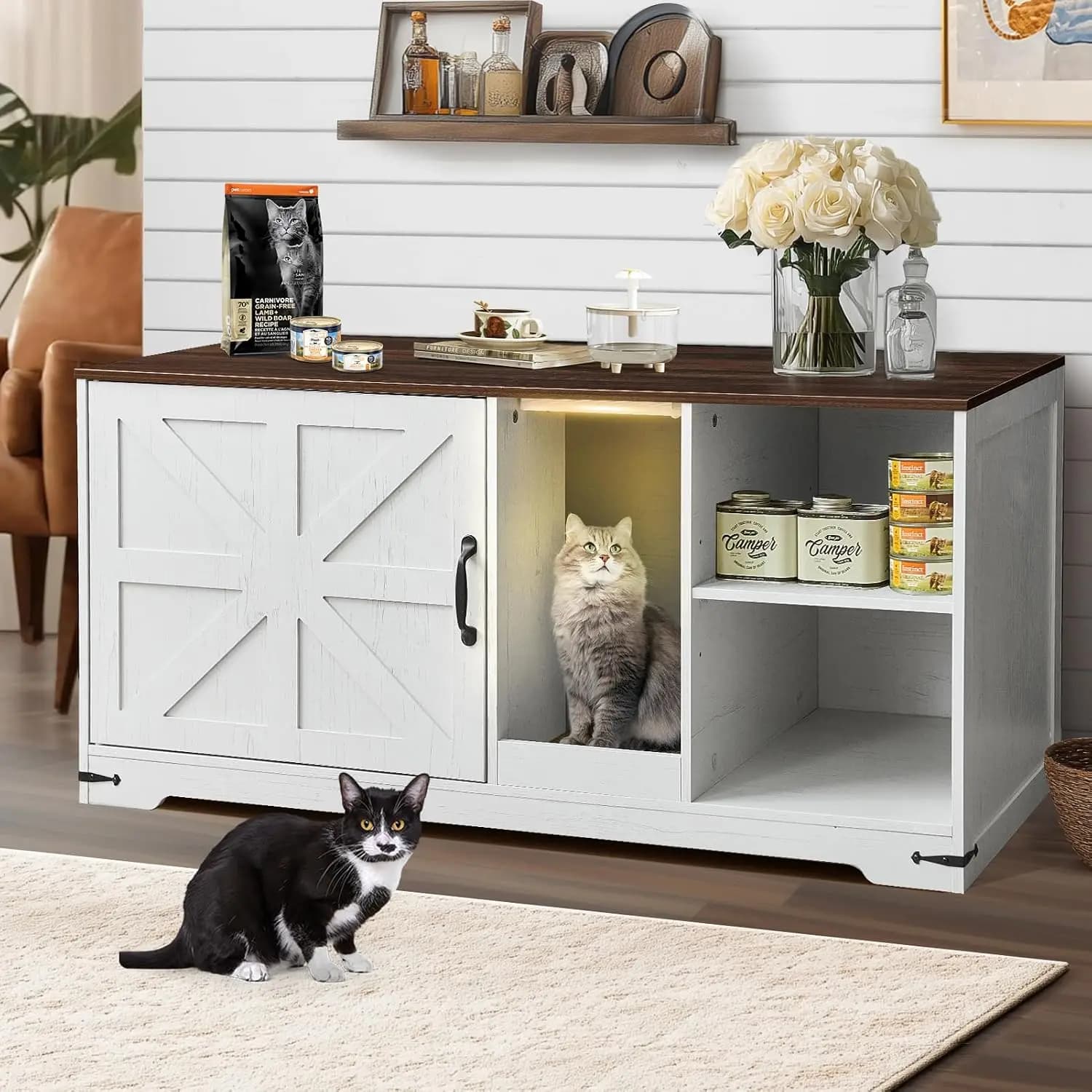 Cat Litter Box Enclosure, 43" Farmhouse Litter Box Furniture with Storage, Lights, Cardboard, Indoor TV Stand Wood Cat House Was