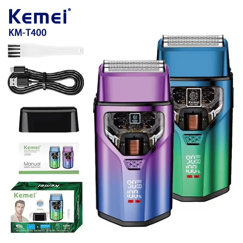 Professional Electric Razor for Men KEMEI KM-T400 with Double Lamina, 9000 RPM Magnetic Levitation Motor, LCD Display and 1400 mAh Battery