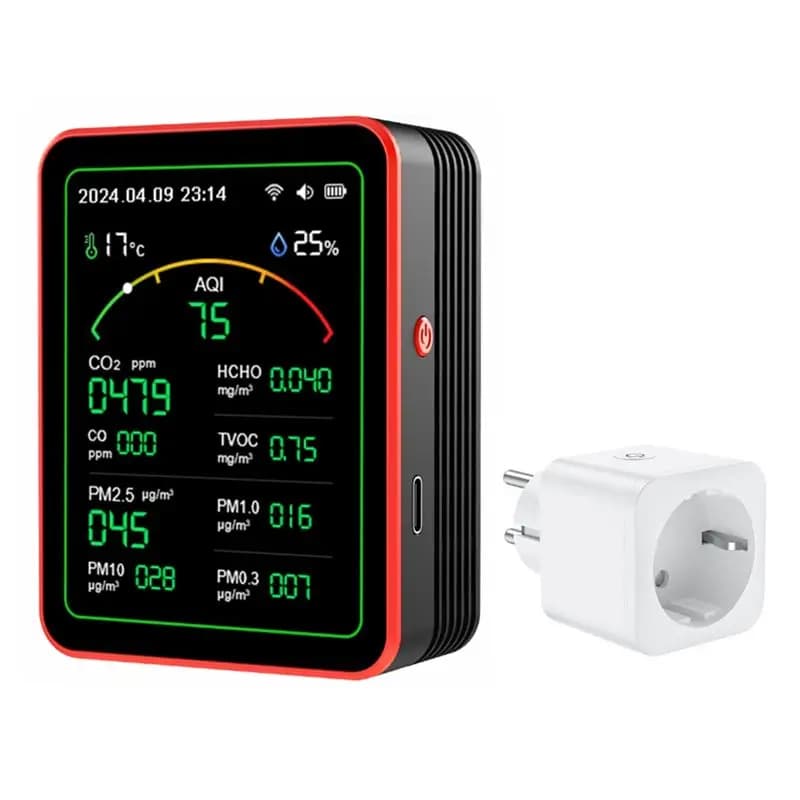 FULL-Air Quality Monitor 15 in 1, Intelligent Tester with PM Display, CO2, CO, TVOC, HCHO, Temperature and Humidity, EU Plug