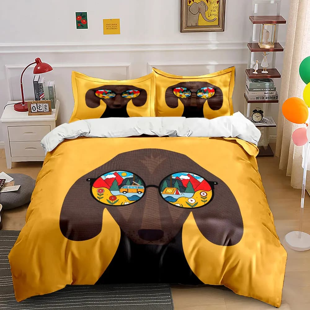 Set di Biancheria da Letto con Motivo Bassotto, 3 Pezzi, Copripiumino con Stampa di Bassotto con Occhiali da Sole da Campeggio + 2 Federe, Decorazione Originale per Animali Domestici
