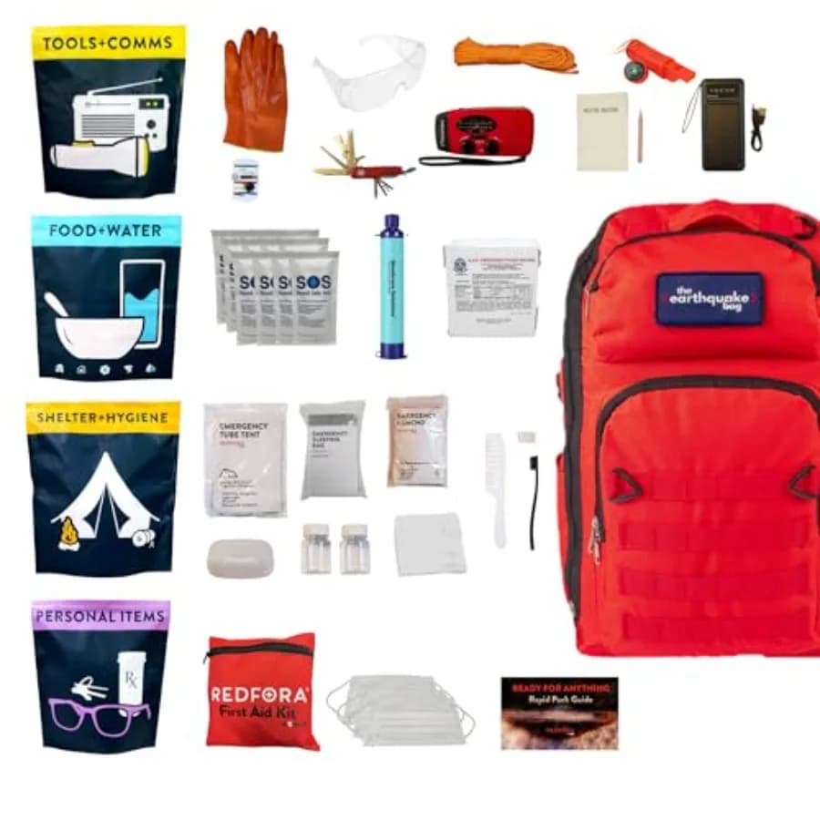 Kit Completo per Terremoti - Kit di Emergenza per 3 Giorni per Terremoti, Uragani, Incendi, Alluvioni + Altri Disastri in Materiale Resistente Impermeabile