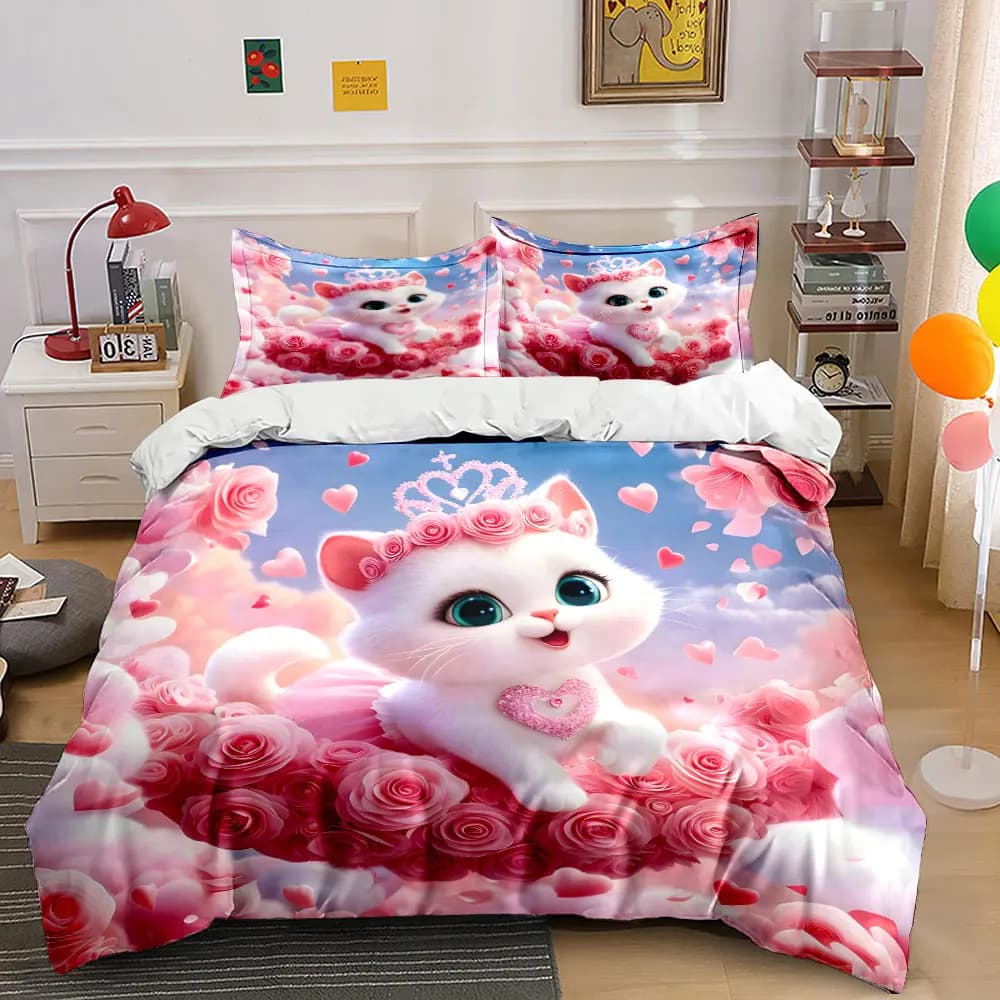 Adorabile gatto con rose rosa, stampa, morbida e confortevole copripiumino, set di biancheria da letto incluso 1 copripiumino, 2 federe, regali di lusso