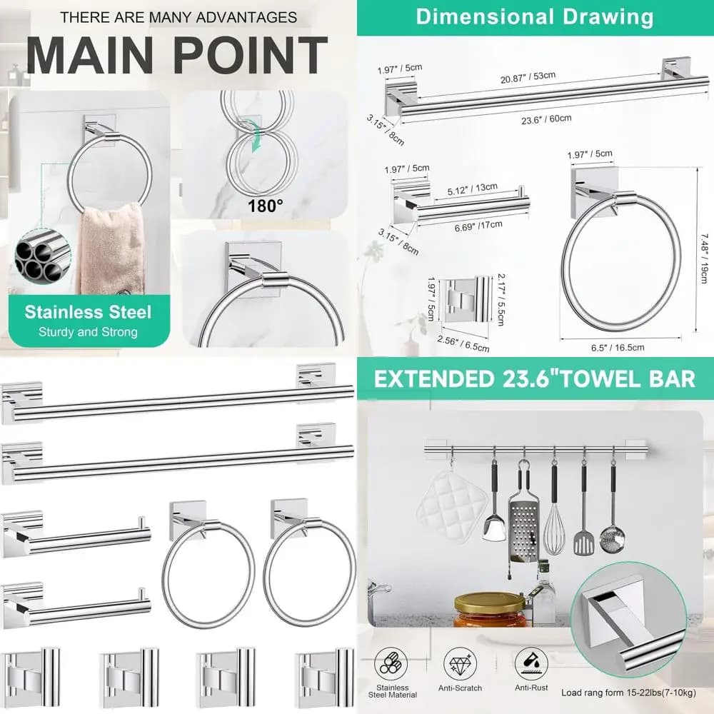 Set di accessori per il bagno in acciaio inossidabile, portasciugamani e supporto da 10 pezzi, porta carta igienica a parete 23,6