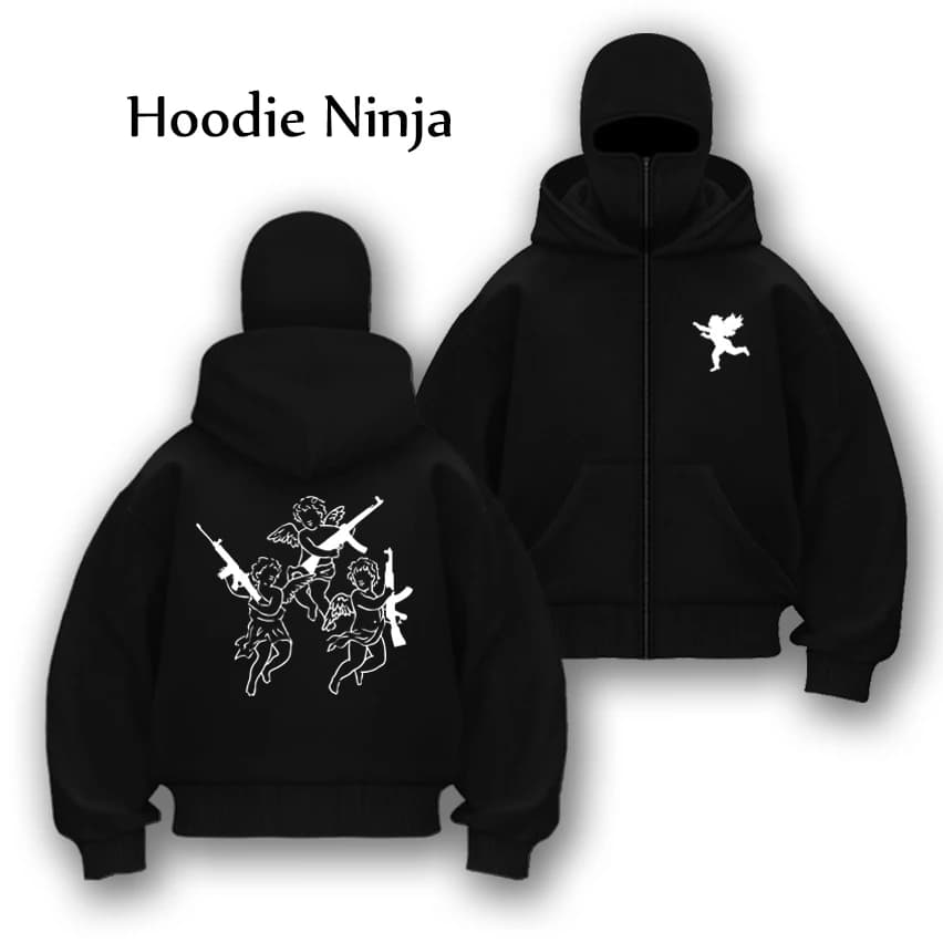 Felpa con cappuccio unisex autunno inverno con zip, giacca Ninja, motivo Cupido, maschera balaclava da uomo e donna, design caldo e confortevole