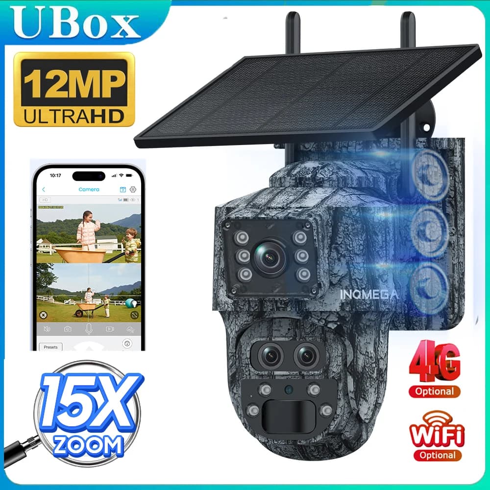 INQMEGA Telecamera Solare 4G SIM/WIFI 6K 12MP 15XZOOM Tre Obiettivi di Registrazione Umana Auto Tracking Camouflage Batteria a Colori Cam di Sicurezza