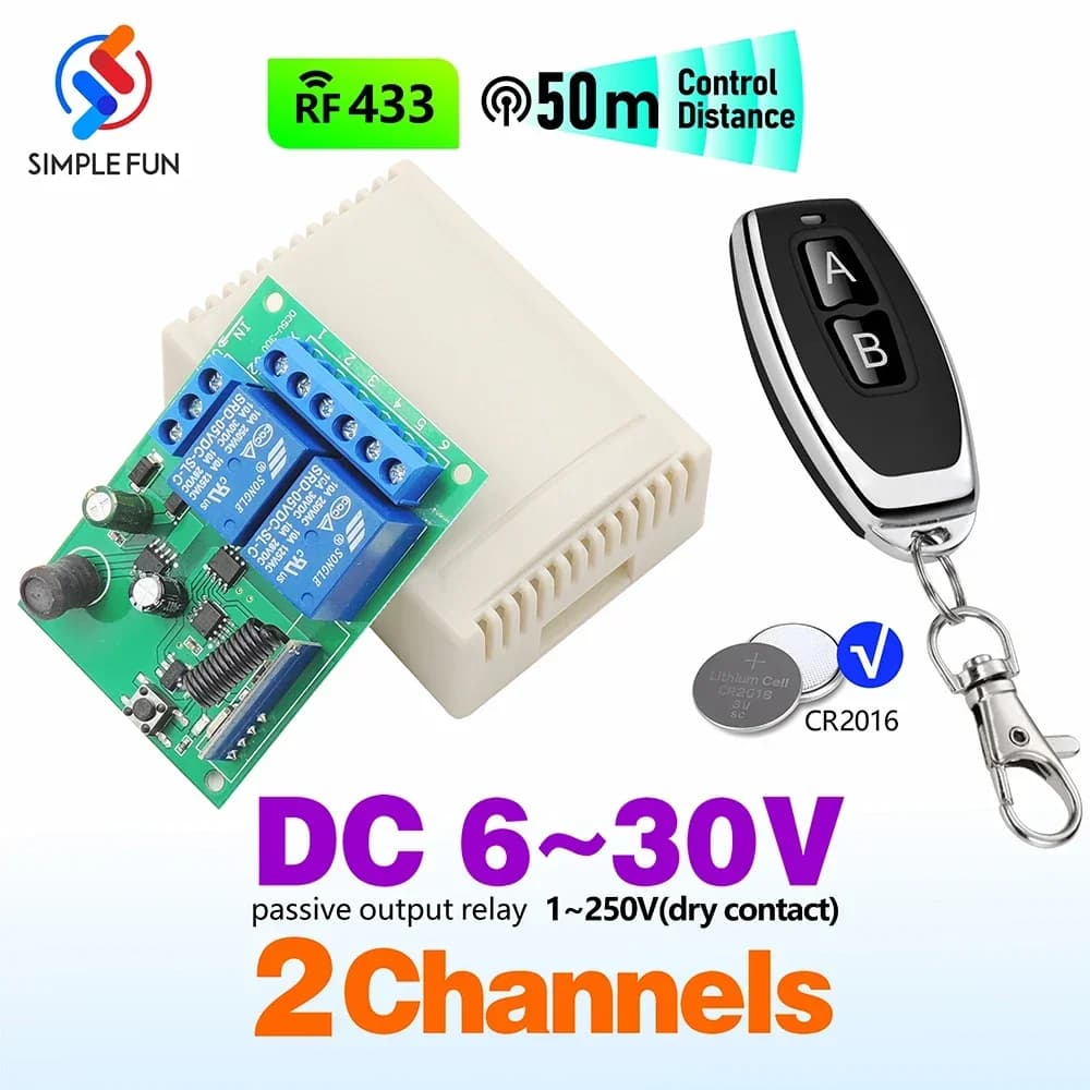 Interruttore di telecomando wireless universale 433 MHz DC 6V 12V 24V 2CH ricevitore RF, telecomando 50 m, per luce/cancello/motore/fai da te
