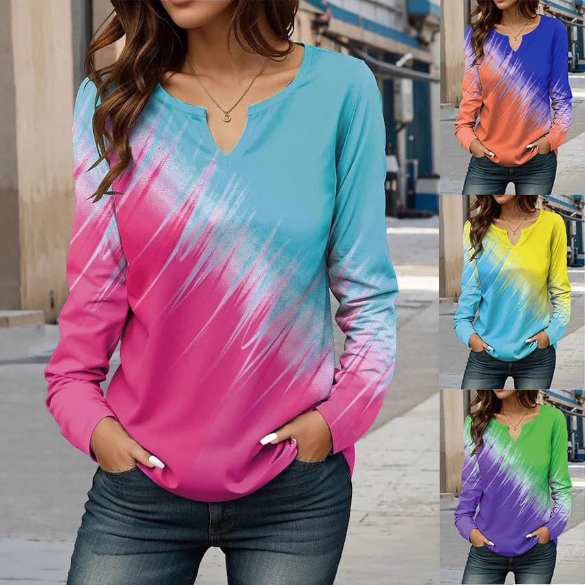 Fashionable Digital Print V-Neck Women's T-Shirt Spring Autumn New Style Wish Ladies Top Comfortable Breathable Long Sleeve