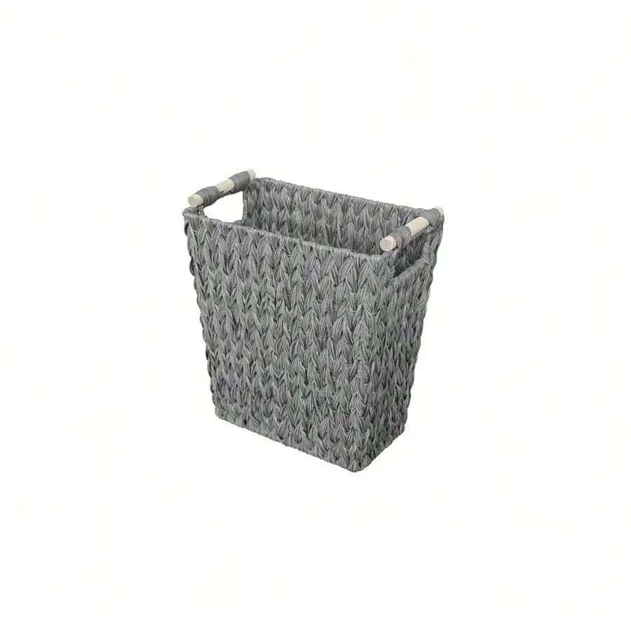 Woven Rattan Trash Can With Wooden Handles Boho Decorative Waste Basket For Bathroom Bedroom Office 5 Gallon Gray