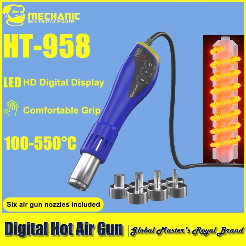 Pistola termica digitale portatile MECCANICO 958HT 600W con display LCD 100-500 ℃ Impugnatura comfort a temperatura regolabile per strumenti di riparazione