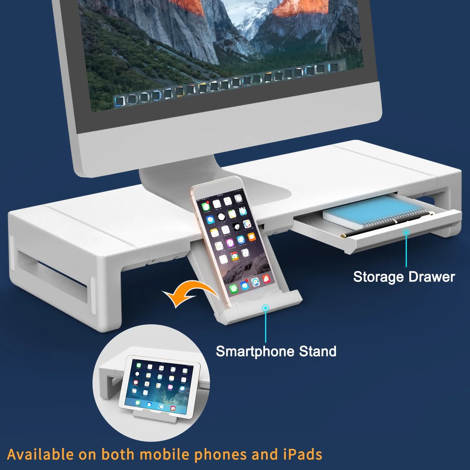 Support for monitors, folding and height-adjustable computer support, desk shelf support with storage drawer and tablet phone