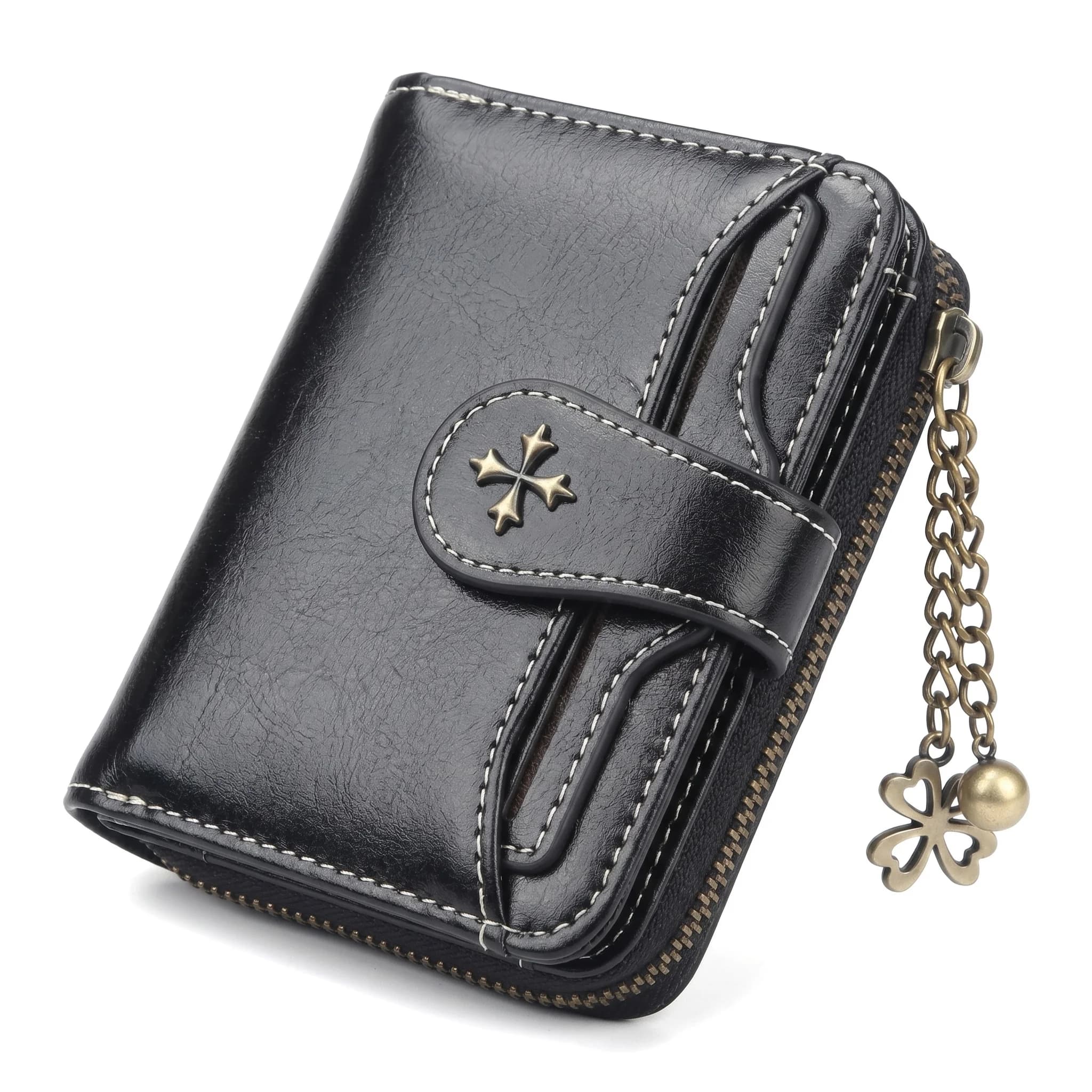 RFID Blocking Oil Wax Leather Women Mini Wallet Multi Card Clover Zipper Coin Purse Portable Ladies Purse Office Travel Daily