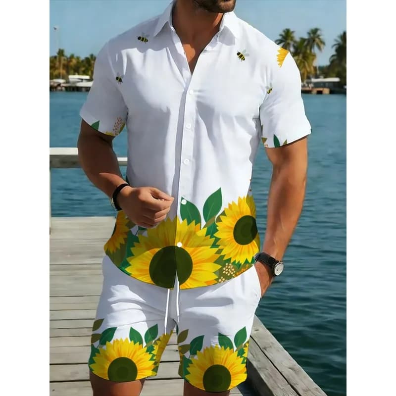 Men's Sunflower Printed Shirt Shorts Set Summer Lightweight Polyester Beach Outfit White Yellow Floral Pattern Comfortable Breat