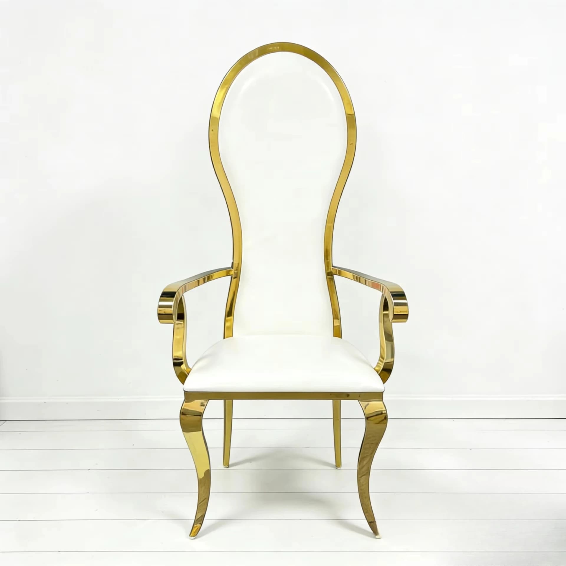 High Back Curved Oval Stainless Steel Arm Chair with Mirror Gold Frame White Leather Cushion for Wedding Banquet Hotel Dining