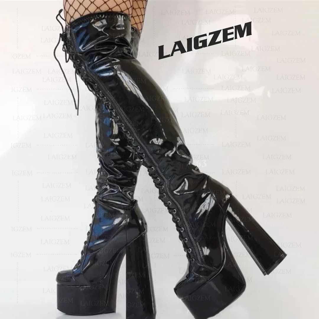ZHIMA Stivali da donna con plateau sopra il ginocchio Lucidi lucidi Cerniera completa Stivali con tacco alto a blocchi spessi Scarpe da donna Donna Taglia grande 40 45 52