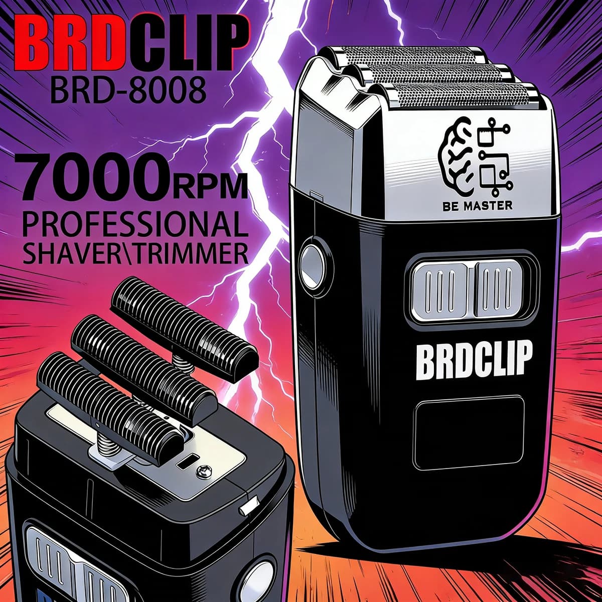BRDCLIP BRD-8008 Rasoio elettrico da uomo, tagliacapelli 7000 RPM, macchina per barba e testa calva, lama galleggiante in tungsteno-carbone, 3 rete taglienti