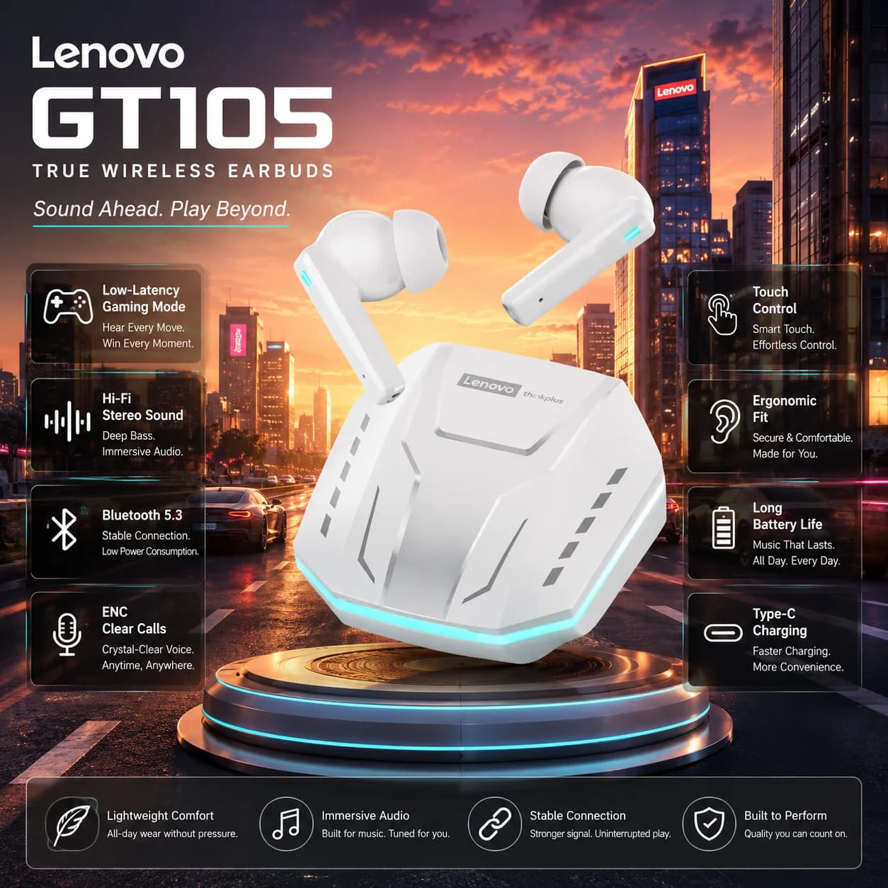 Lenovo GT105 Gaming Bluetooth 6.0 Earbuds Adaptive ANC Wireless Earphones Low LatencyHiFi SoundTWS Fashion Bluetooth headset new
