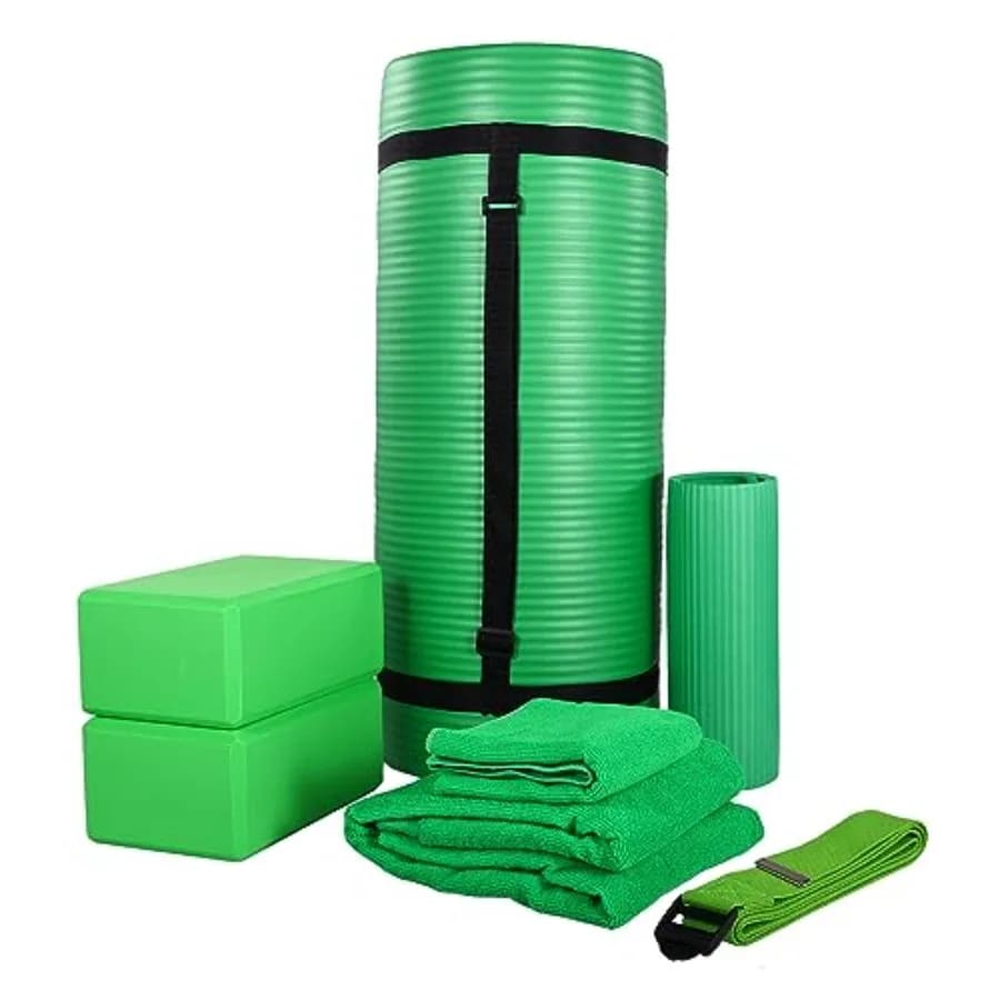 Yoga Set 7 Pieces with Extra Mat Thick 71x24x1 Inch and Shoulder Strap, Includes 2 Blocks, Stretching Strap, 2 Towels and Knee Pad