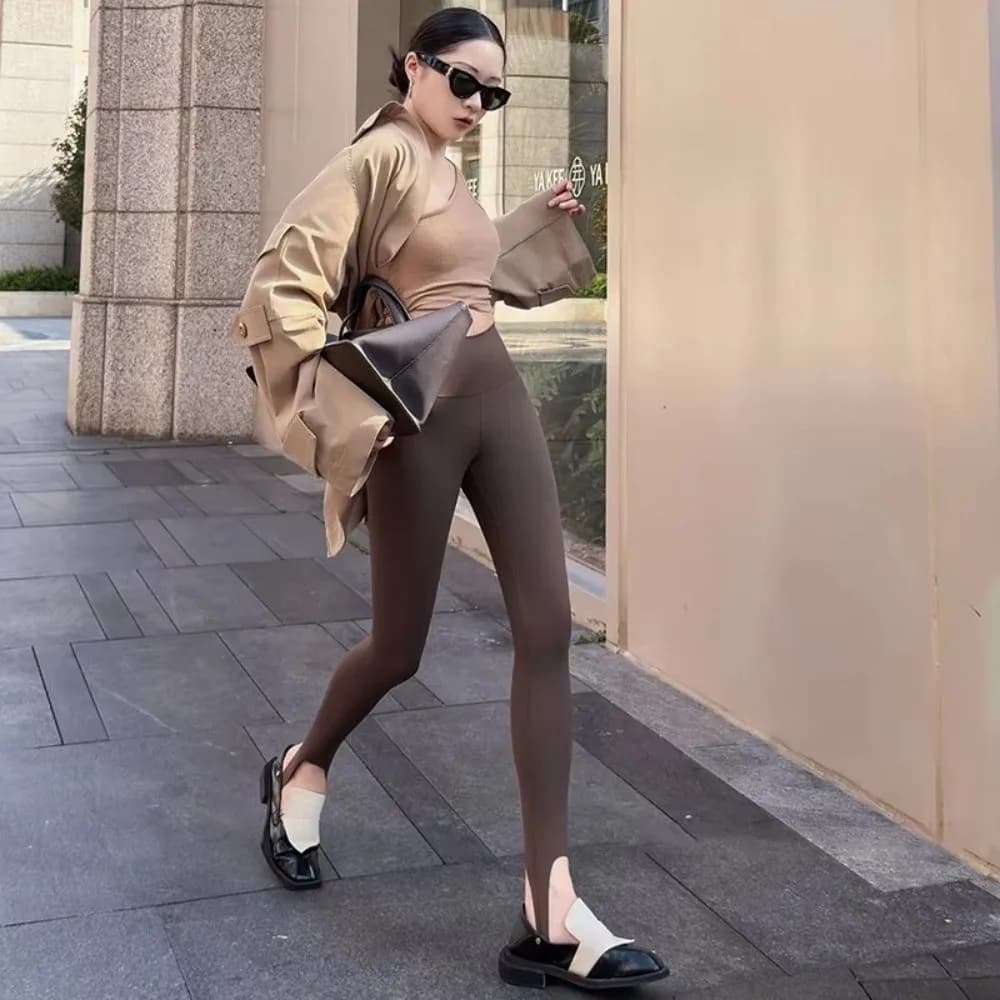 Leggings a Vita Alta in Tessuto Sharkskin, Elasticizzati e Sottili, con Laccetto al Piede, Aderenti, Pantaloni Lunghi Primaverili ed Estivi per Donna