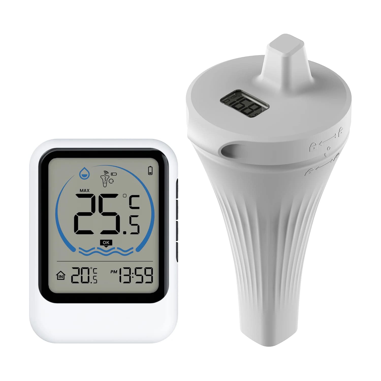 Termometro Digitale Wireless Galleggiante per Piscina con Orologio, Monitor per Temperatura Acqua Esterno per Laghetto, Bagno, Acquario con Funzione di Registrazione