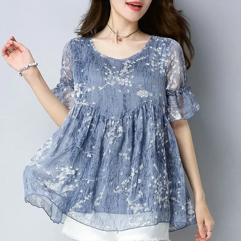 Loose office shirt with women's o-neck Casual edible tree mushroom Patchwork Printed Korean floral shirt with short sleeves summer fashion 2025