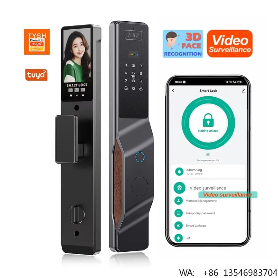 TYSH Ai Tuya Videocitofono di Sicurezza con Riconoscimento Impronte Digitali e Scheda, Sblocco con Riconoscimento Facciale 3D, Telecamera Intelligente per Casa, Serratura per Porta con 9 Lingue