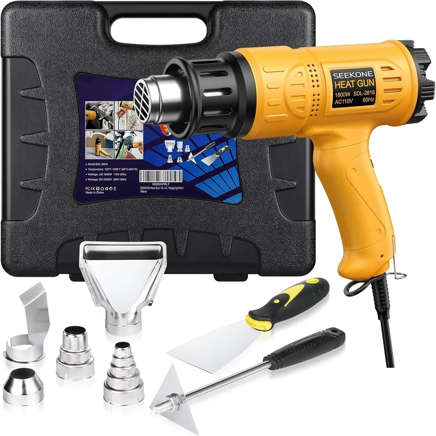 Kit Pistola Termica Professionale 1800W con Valigetta, Temperatura Variabile 122-1112 ℉ 4 Ugelli per Lavorazioni Artigianali, Termoretrazione PVC, Rimozione Vernice