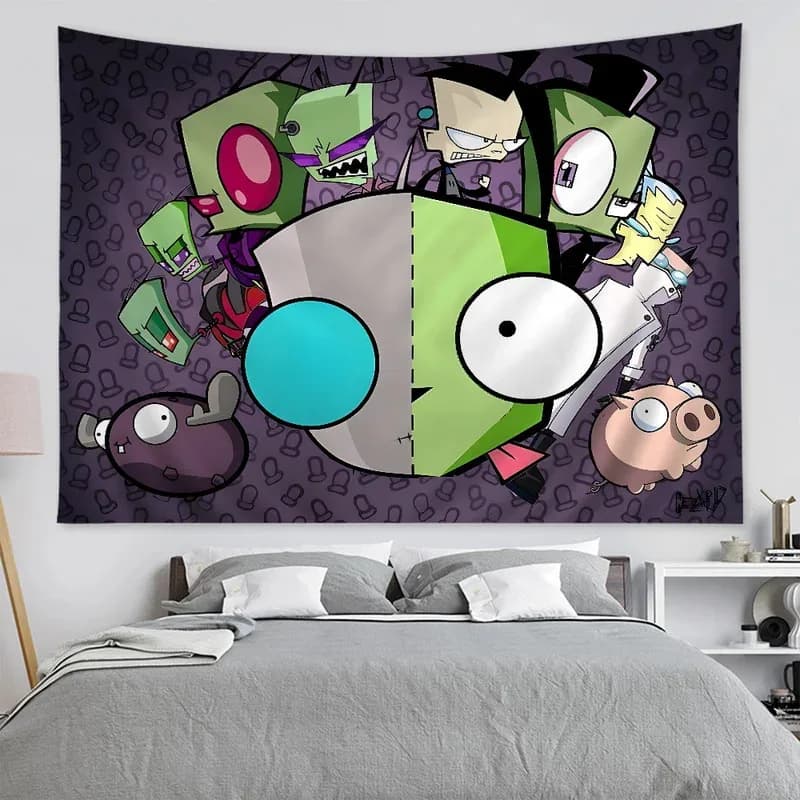 VIKAMA Invader Zim Tapestry Wall Hanging, Tappeto da parete con personaggi di Invader Zim, Arte murale Hippie Trippy con carte dei Tarocchi di GIR, Decorazione per sala giochi e dormitorio a tema cartoni animati cult