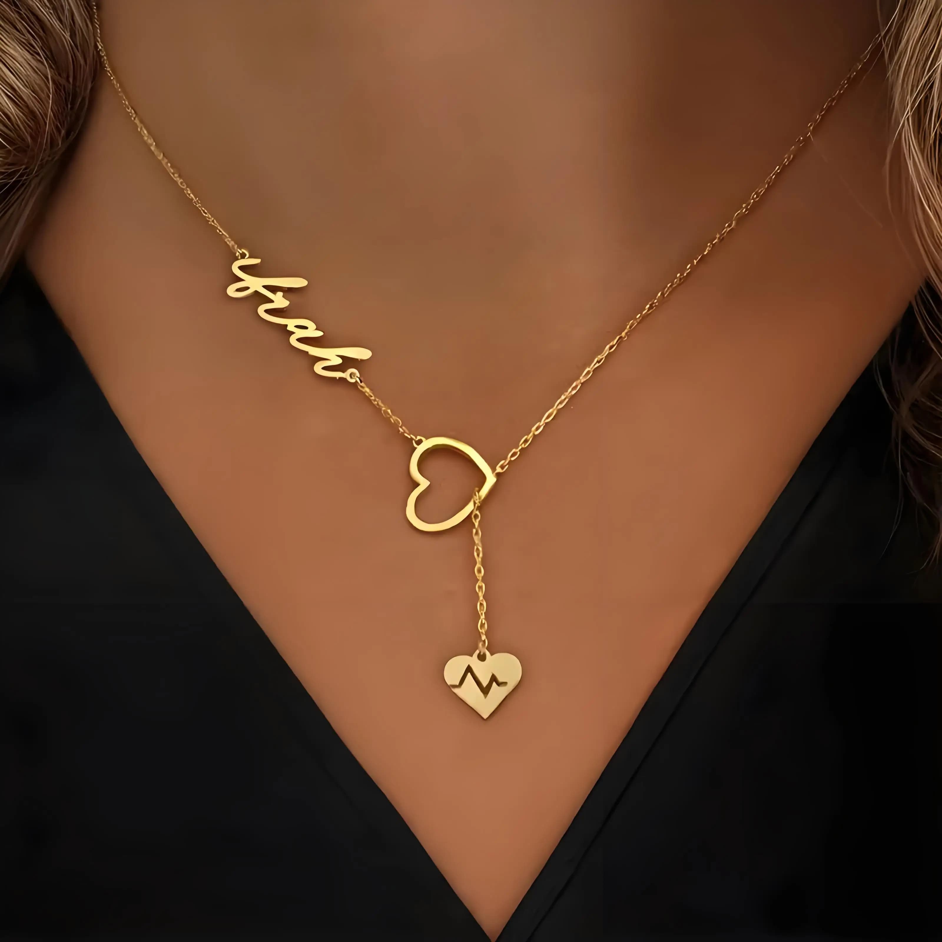Personalized Couple Heartbeat Name Necklace, Y - Shaped Chain Custom Jewelry, Ideal Valentine's Day Gift