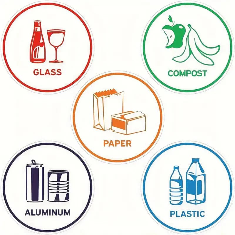 5/10 pz 4 pollici riciclaggio smistamento adesivo logo decalcomania alluminio plastica vetro bidone compost riciclaggio bidone della spazzatura adesivi