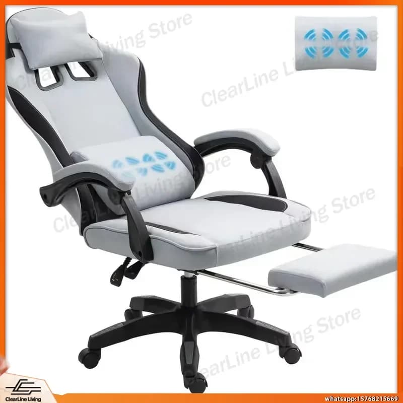 Ergonomic Gaming Chair with Massage Function Adjustable Reclining Swivel Office Chair for PC Gamers Grey Fabric Racing Style