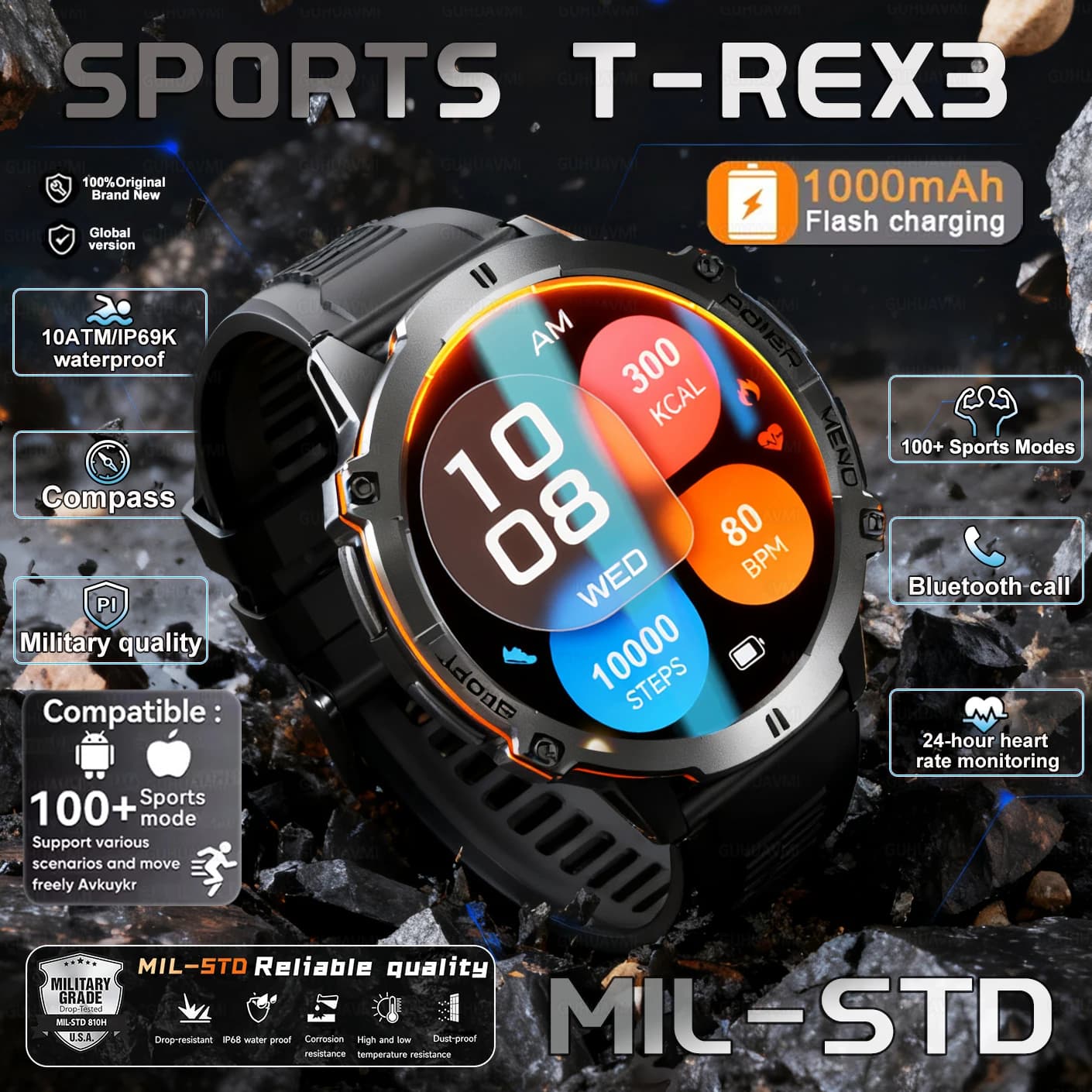 2025 HOT Outdoor T-REX3 Military SmartWatch 1000mAh Battery Durable 10ATM compass Waterproof tactics 100 + Sport Smart Watch Man