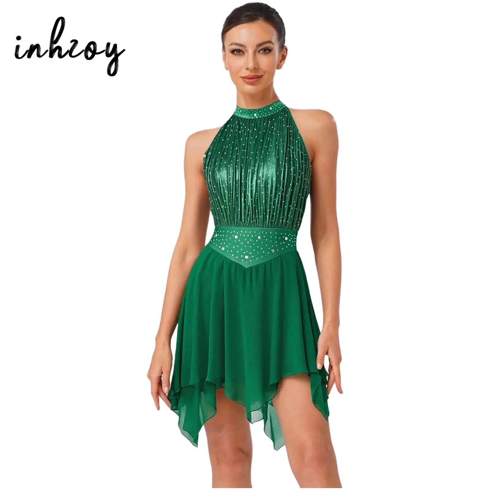 Abito da ballo lirico da donna, body con strass metallici increspati, per ginnastica, danza e competizione di pattinaggio su ghiaccio