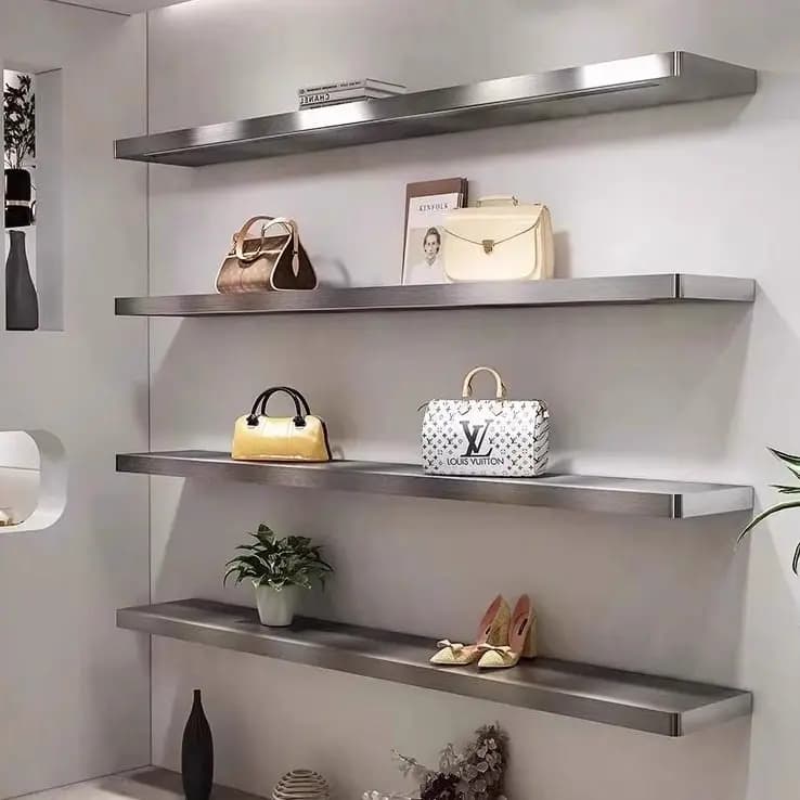 Negozio di abbigliamento negozio di scarpe espositore per borse espositore per scarpiera multistrato a parete superiore in acciaio inossidabile espositore per flusso live