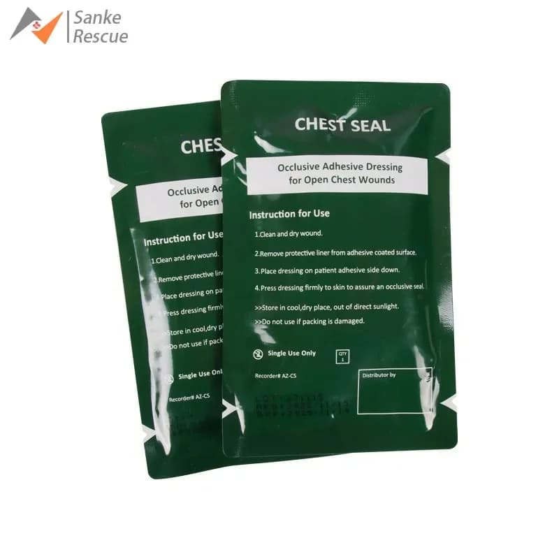 Thoracic seal for the care of life-saving wounds for emergency or tactical situations Advanced adhesive sterile transparent light flute