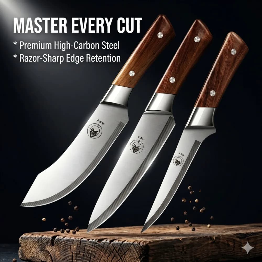 Set di 3 coltelli per disossare e affettare ultra affilati e resistenti – Acciaio inossidabile forgiato con manico in legno imitazione per cucina domestica e macelleria