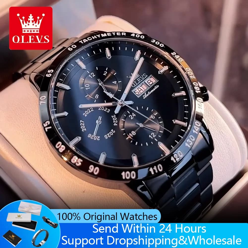 OLEVS 6683 Orologi automatici da uomo con doppio calendario, cinturino in acciaio, orologio meccanico multifunzionale da uomo, cronografo classico di lusso