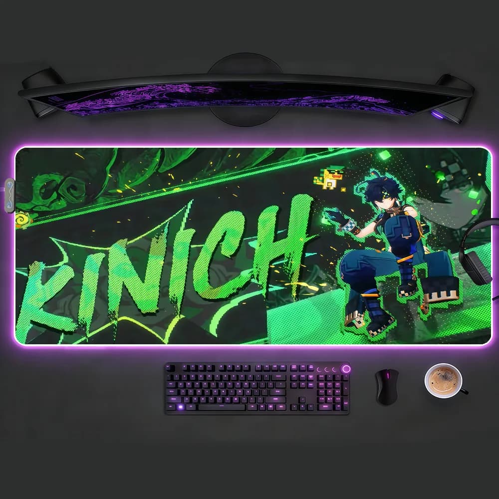 Tappetino per mouse Genshin Impact Kinich RGB LED, tappetino da scrivania antiscivolo, accessori da gioco in gomma, tappetino grande XXL per tastiera da ufficio e computer