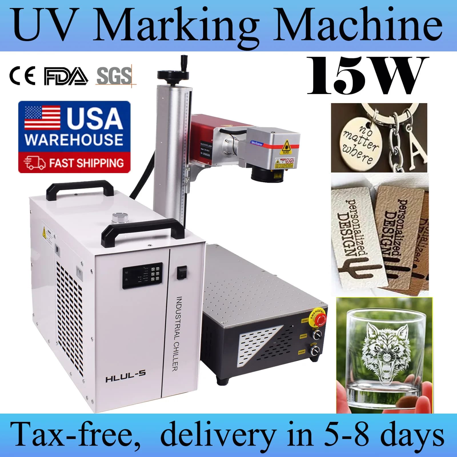 15W UV Laser Marking Machine for Glass Crystal Metal Plastic Wood UV Laser Engraving Machine with 10W 5W Laser Engraver US Shipping