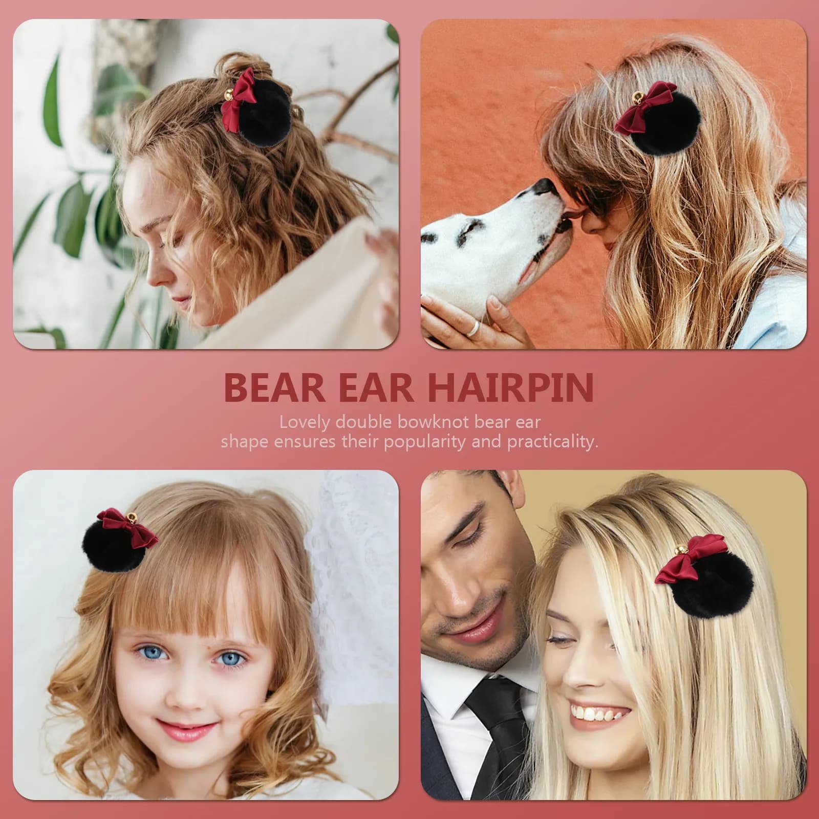 2 Paia di Fermagli per Capelli da Ragazza con Fiocco e Orecchie da Orso, Graziosi Accessori Decorativi per Capelli, Divertenti per Cosplay e Feste
