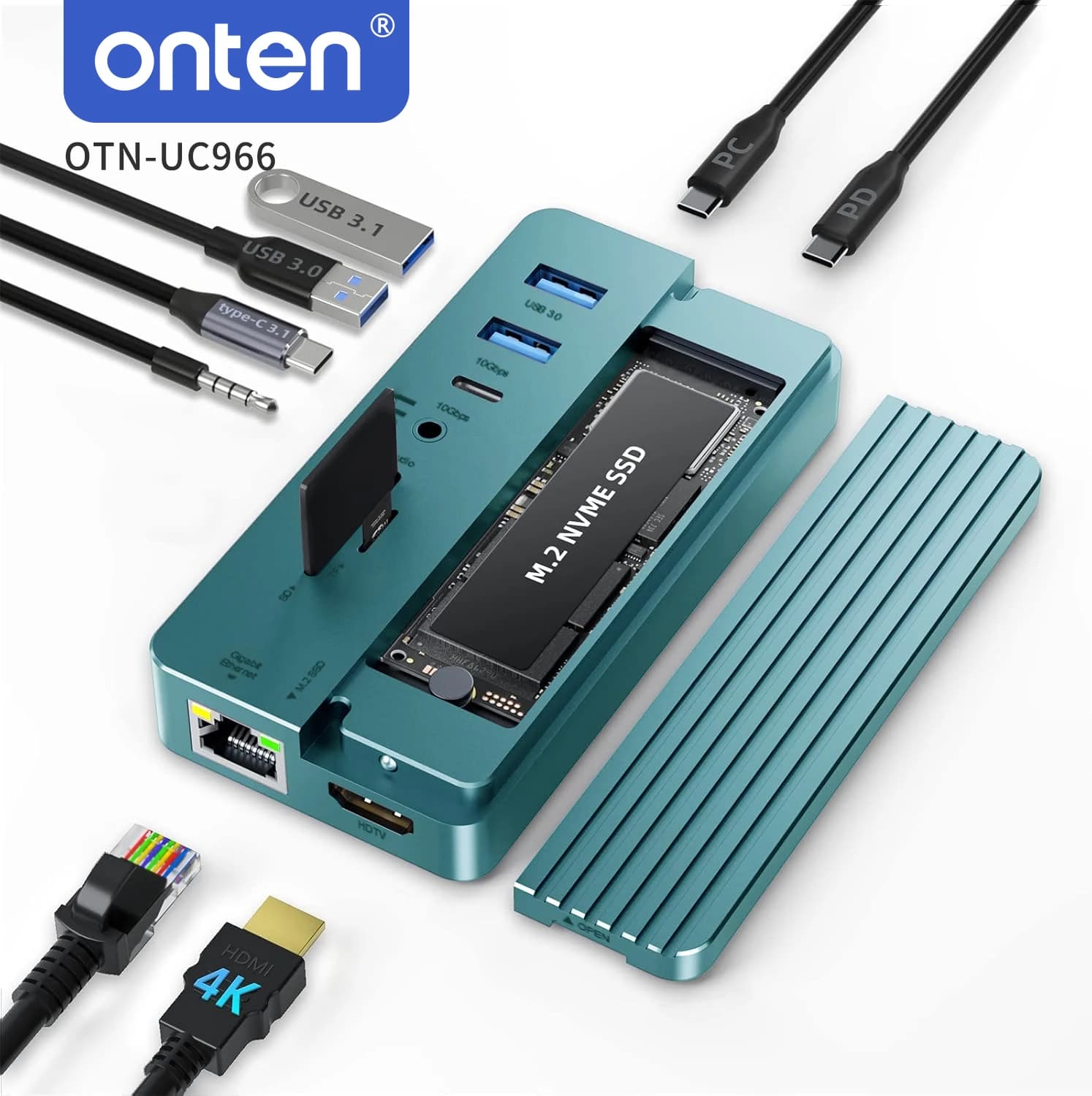 ONTEN Docking Station USB C 10 in 1, 10Gbps, Enclosure SSD M.2 NVMe SATA, Ethernet Gigabit, HDMI 4K, PD, Hub Multiporta Tipo C