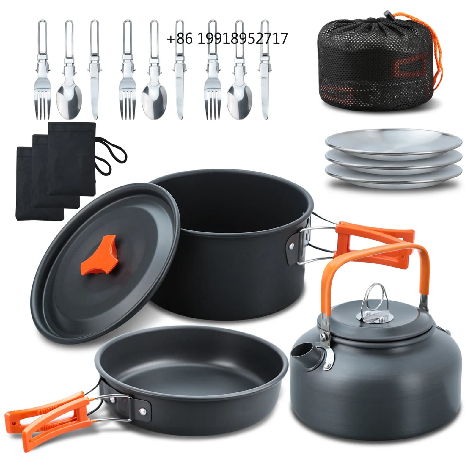 Outdoor Camping Cookware Set Portable Picnic Tableware Frying Pan Soup Pot Kettle Plate Knives Spoons Forks JJ23