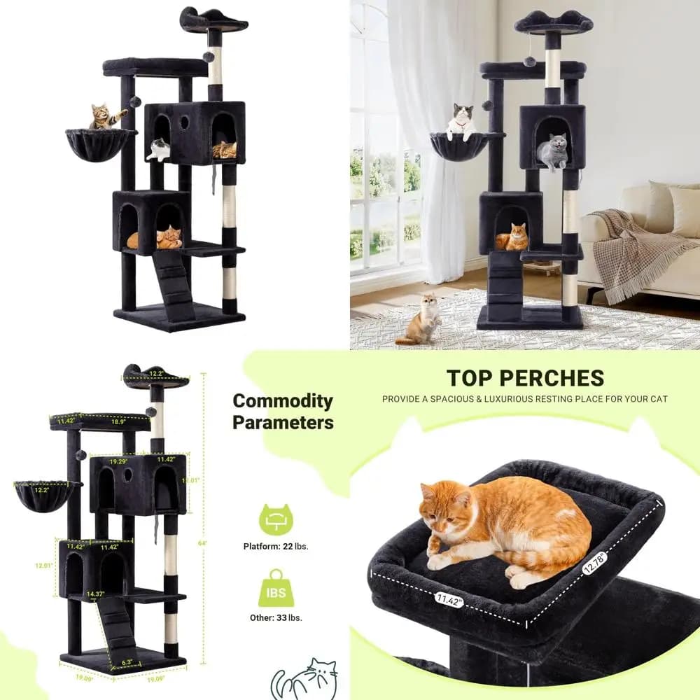 64 Torre per gatti multilivello per gatti di grandi dimensioni da interni: 2 letti di peluche, 2 posatoi, cestino, casa, pali in sisal, giocattoli sospesi - Grigio scuro